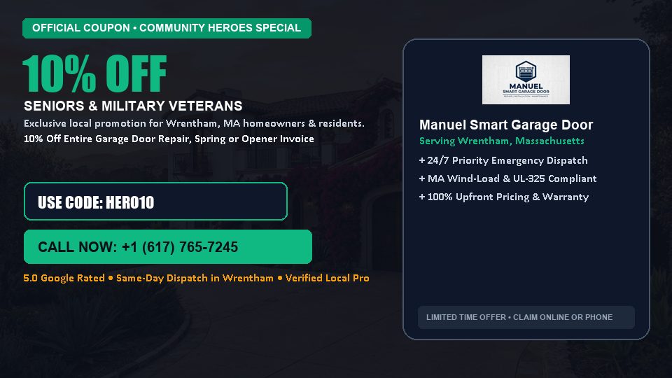 Manuel Smart Garage Door 10% OFF Seniors & Military Veterans in Wrentham, MA